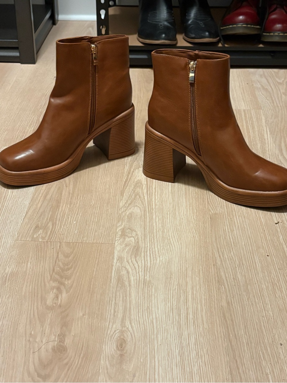 JustFab Cognac Platform Block Heel Ankle Boots - Picture 2 of 3